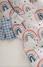 Load image into Gallery viewer, Rainbows with Vintage Blue Gingham - Custom Order - Made to fit or Universal Pram Liner